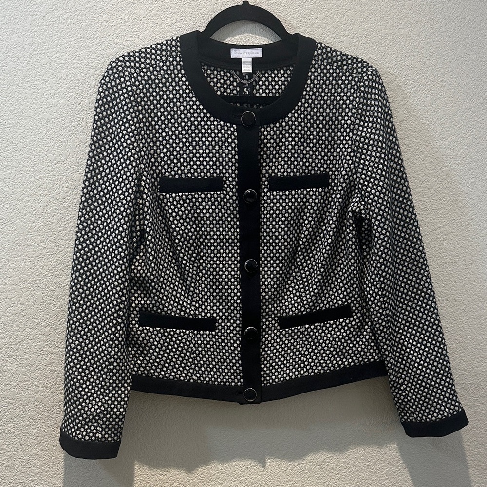 Charter Club Black and White Patterned Button Jacket Size Medium